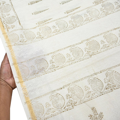 Indian Vintage Sari Ivory Block Painted Pure Cotton Saree Craft Fabric 5Yd Sewing Sarong Wrap Boho Floral Crafting Upcycle Quilting Zari