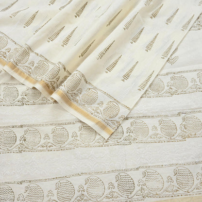 Indian Vintage Sari Ivory Block Painted Pure Cotton Saree Craft Fabric 5Yd Sewing Sarong Wrap Boho Floral Crafting Upcycle Quilting Zari