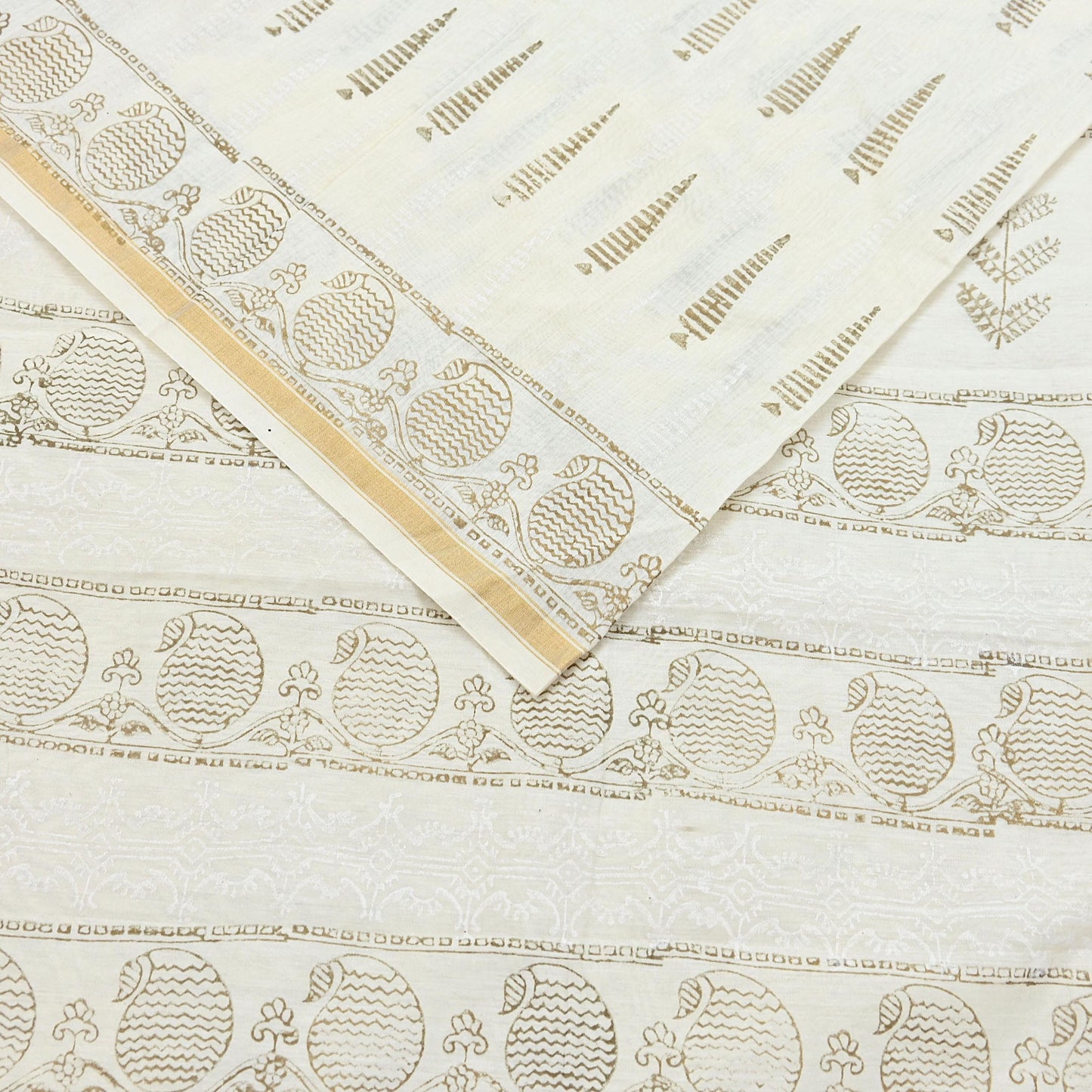 Indian Vintage Sari Ivory Block Painted Pure Cotton Saree Craft Fabric 5Yd Sewing Sarong Wrap Boho Floral Crafting Upcycle Quilting Zari