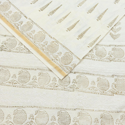 Indian Vintage Sari Ivory Block Painted Pure Cotton Saree Craft Fabric 5Yd Sewing Sarong Wrap Boho Floral Crafting Upcycle Quilting Zari