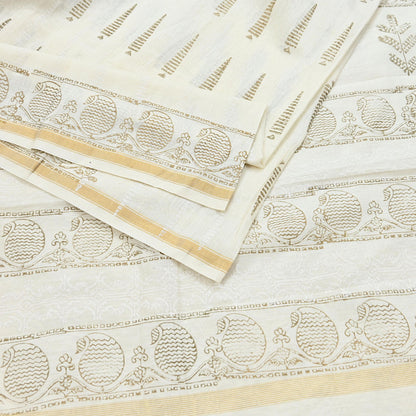 Indian Vintage Sari Ivory Block Painted Pure Cotton Saree Craft Fabric 5Yd Sewing Sarong Wrap Boho Floral Crafting Upcycle Quilting Zari