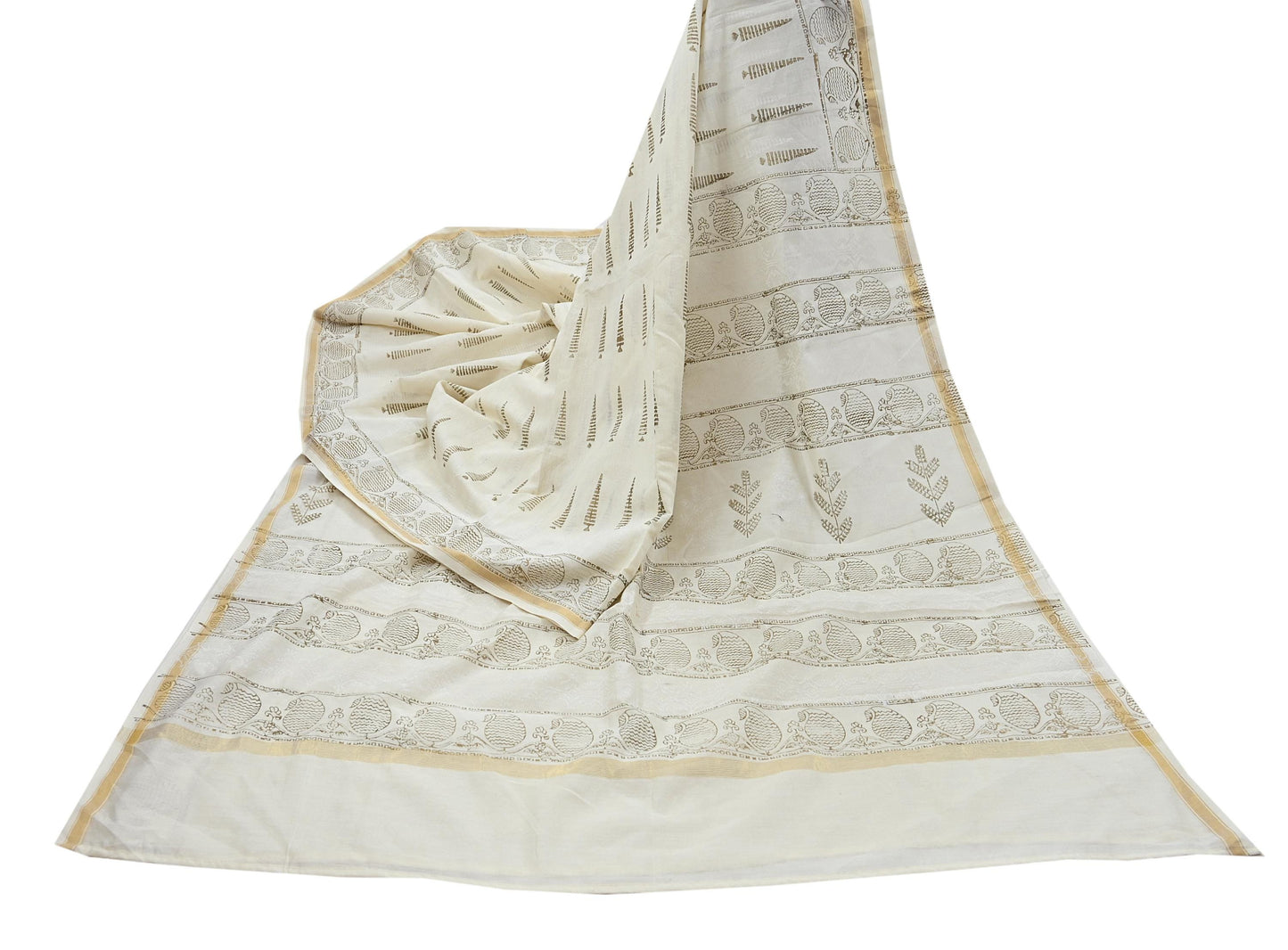 Indian Vintage Sari Ivory Block Painted Pure Cotton Saree Craft Fabric 5Yd Sewing Sarong Wrap Boho Floral Crafting Upcycle Quilting Zari
