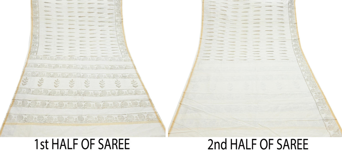 Indian Vintage Sari Ivory Block Painted Pure Cotton Saree Craft Fabric 5Yd Sewing Sarong Wrap Boho Floral Crafting Upcycle Quilting Zari
