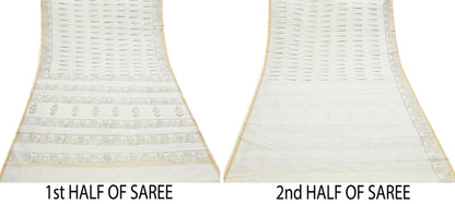 Indian Vintage Sari Ivory Block Painted Pure Cotton Saree Craft Fabric 5Yd Sewing Sarong Wrap Boho Floral Crafting Upcycle Quilting Zari