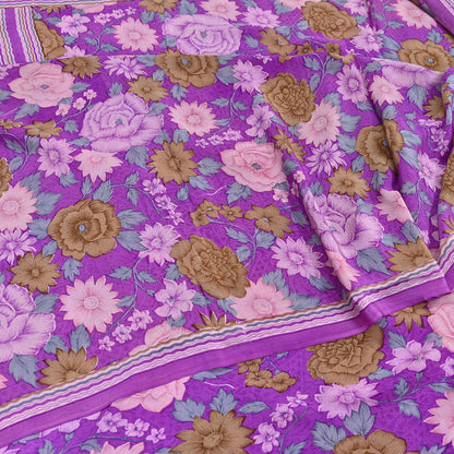 Indian Vintage Sari Purple Pure Crepe Silk Printed Saree 5yard Sewing Quilting Floral Soft Craft Fabric Wrap