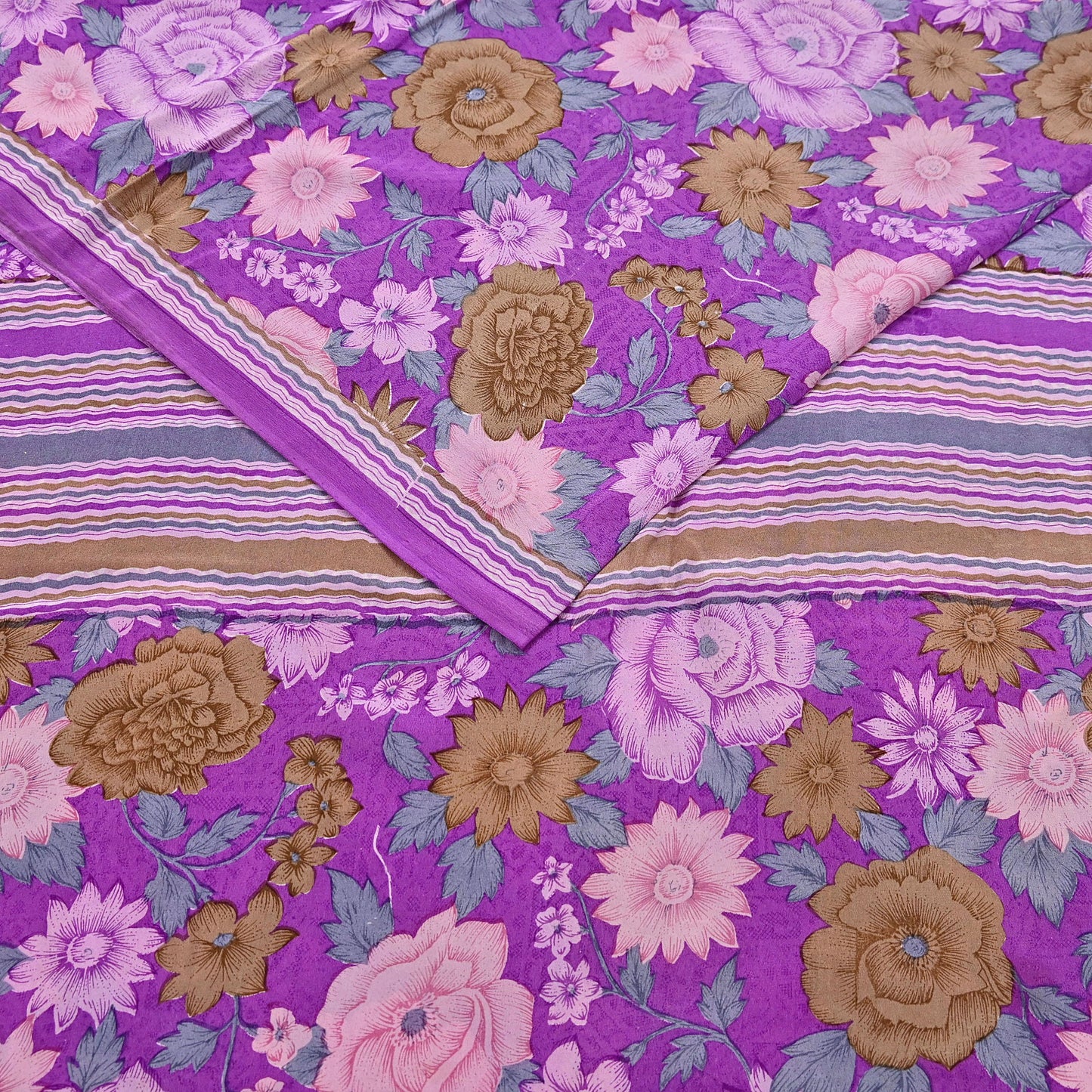 Indian Vintage Sari Purple Pure Crepe Silk Printed Saree 5yard Sewing Quilting Floral Soft Craft Fabric Wrap