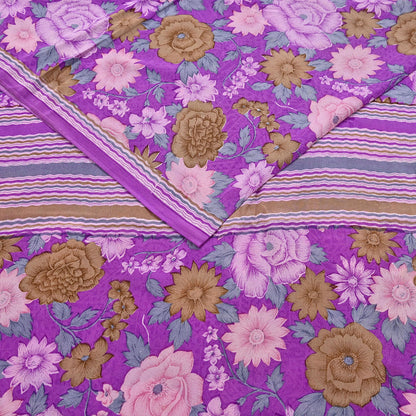 Indian Vintage Sari Purple Pure Crepe Silk Printed Saree 5yard Sewing Quilting Floral Soft Craft Fabric Wrap