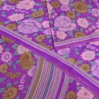 Indian Vintage Sari Purple Pure Crepe Silk Printed Saree 5yard Sewing Quilting Floral Soft Craft Fabric Wrap