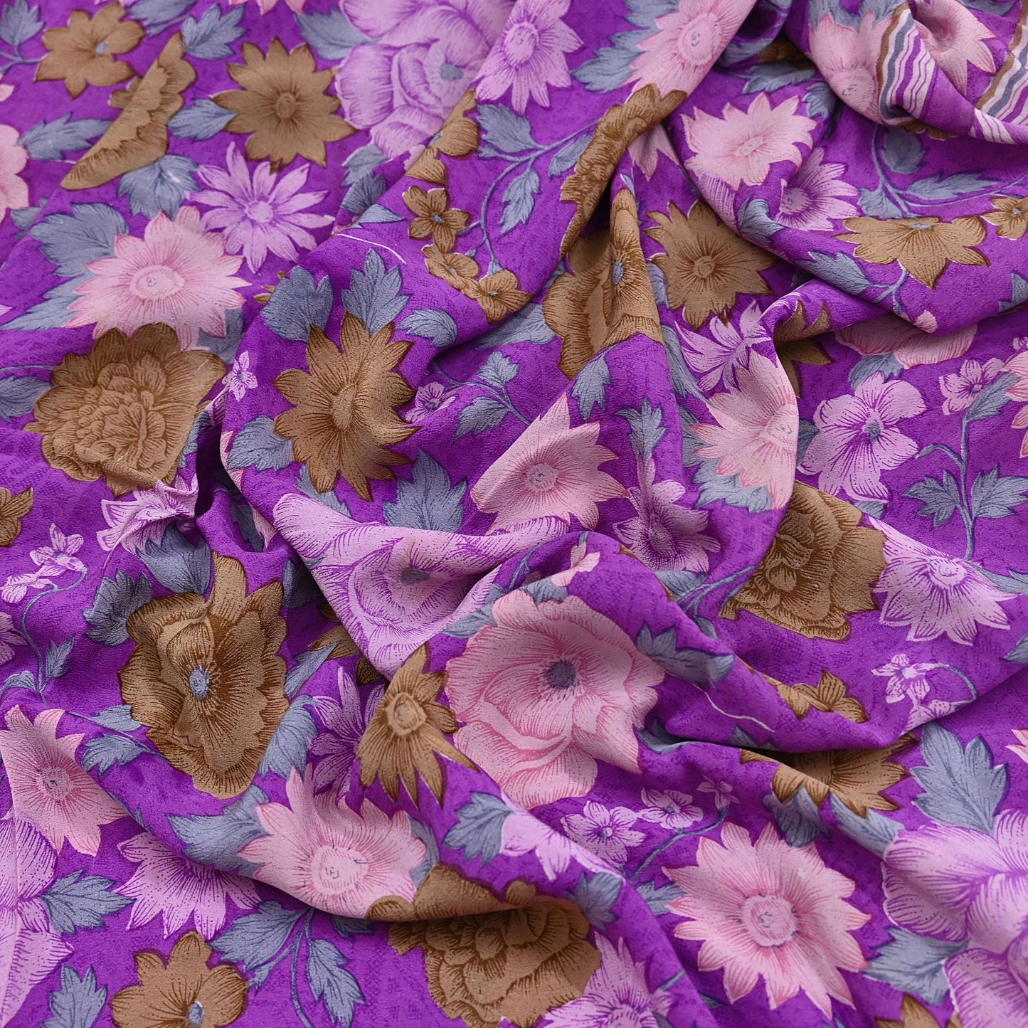Indian Vintage Sari Purple Pure Crepe Silk Printed Saree 5yard Sewing Quilting Floral Soft Craft Fabric Wrap