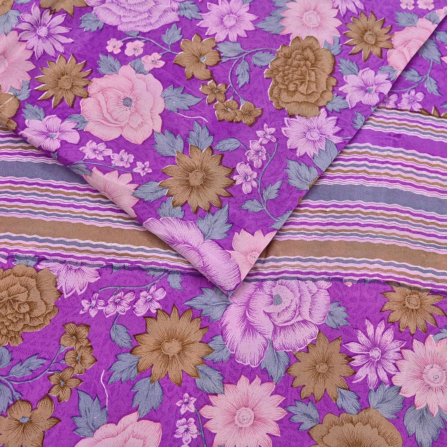 Indian Vintage Sari Purple Pure Crepe Silk Printed Saree 5yard Sewing Quilting Floral Soft Craft Fabric Wrap