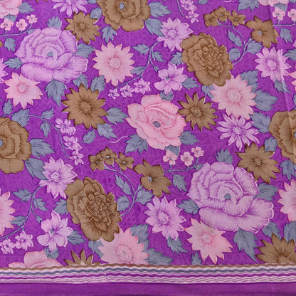 Indian Vintage Sari Purple Pure Crepe Silk Printed Saree 5yard Sewing Quilting Floral Soft Craft Fabric Wrap