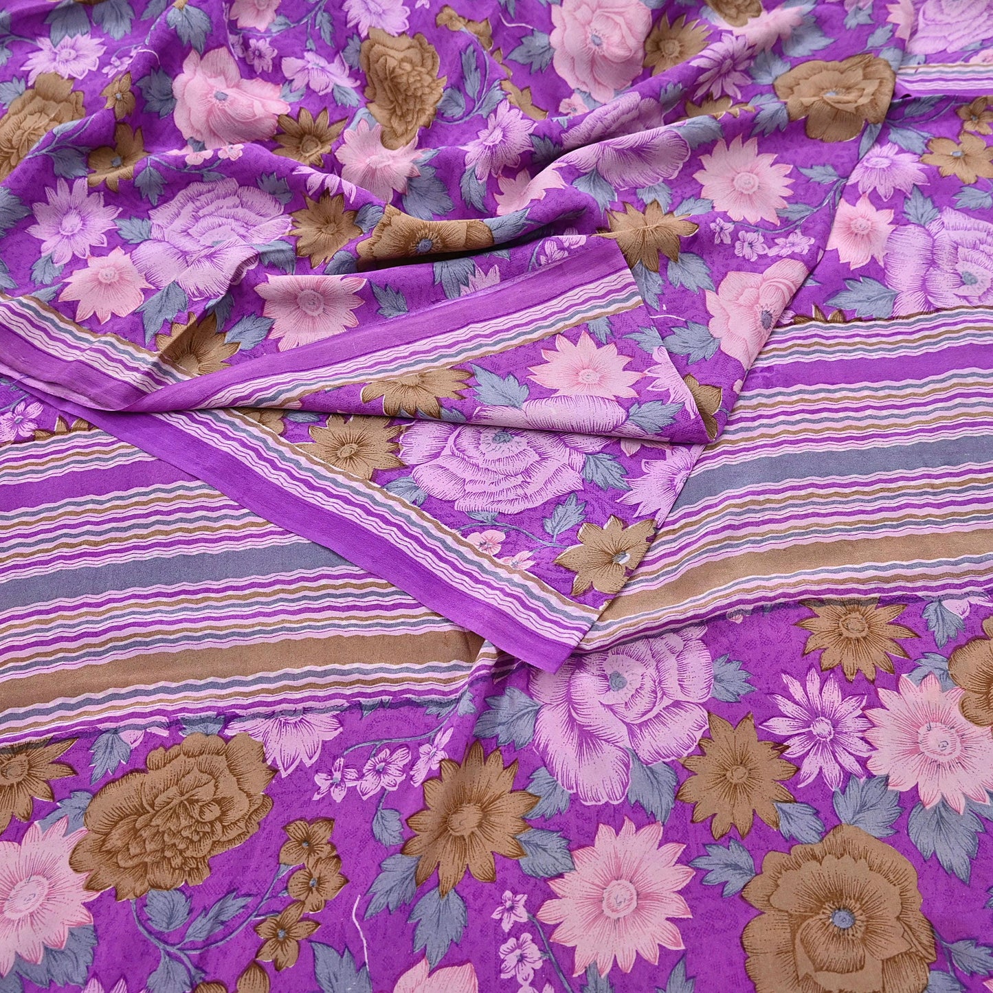 Indian Vintage Sari Purple Pure Crepe Silk Printed Saree 5yard Sewing Quilting Floral Soft Craft Fabric Wrap