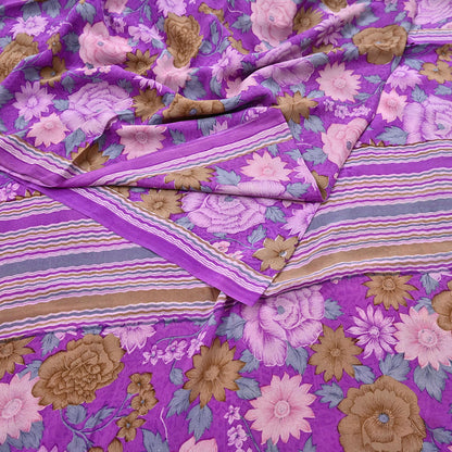 Indian Vintage Sari Purple Pure Crepe Silk Printed Saree 5yard Sewing Quilting Floral Soft Craft Fabric Wrap