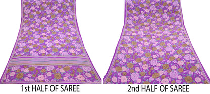 Indian Vintage Sari Purple Pure Crepe Silk Printed Saree 5yard Sewing Quilting Floral Soft Craft Fabric Wrap