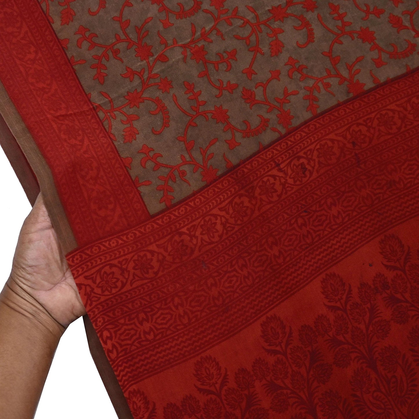 Indian Vintage Sari Brown & Orange Pure Crepe Silk Printed Saree 5yard Sewing Rose Flower Soft Craft Fabric Wrap