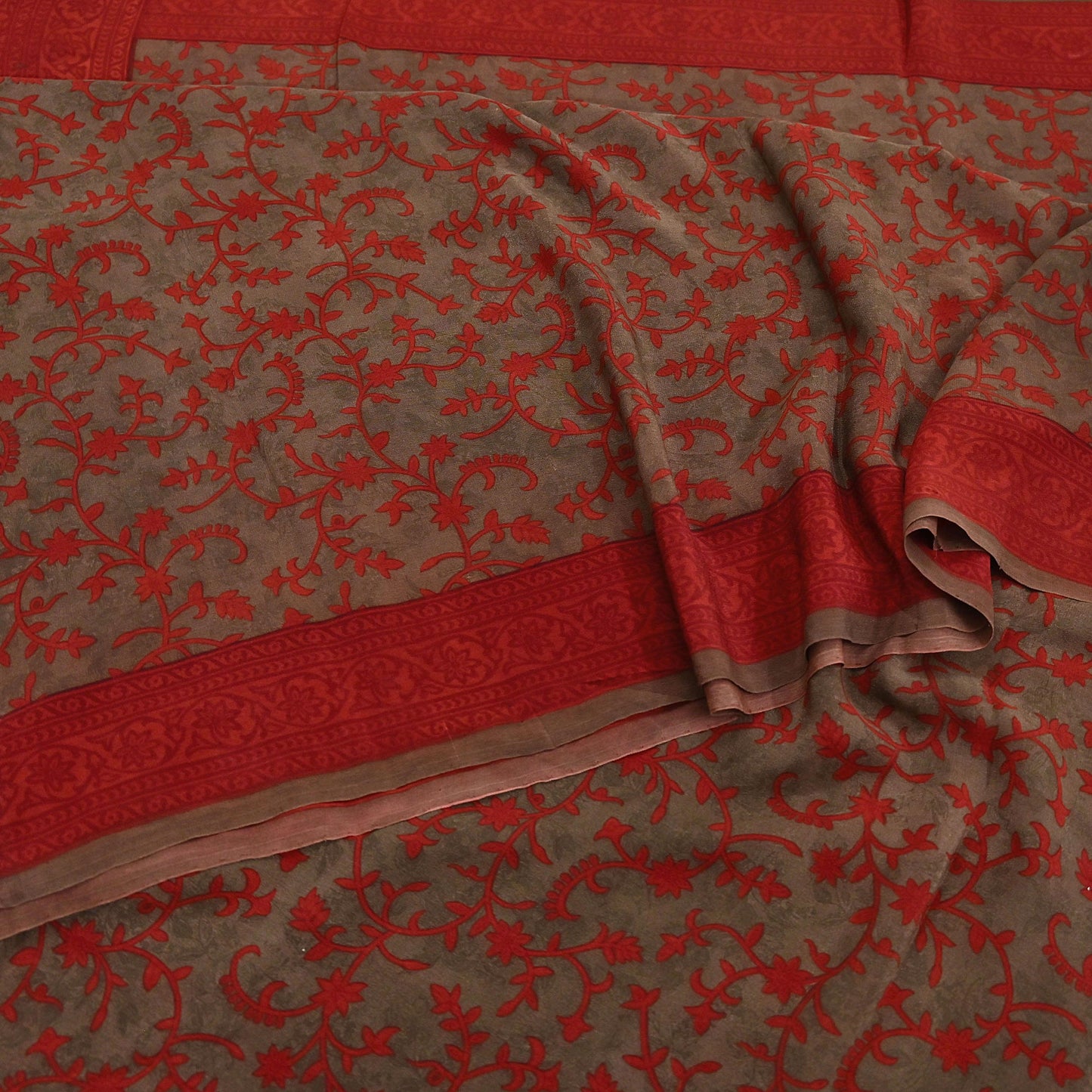 Indian Vintage Sari Brown & Orange Pure Crepe Silk Printed Saree 5yard Sewing Rose Flower Soft Craft Fabric Wrap