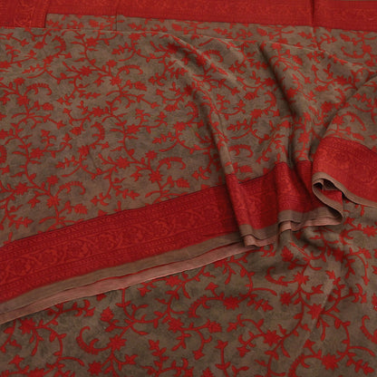 Indian Vintage Sari Brown & Orange Pure Crepe Silk Printed Saree 5yard Sewing Rose Flower Soft Craft Fabric Wrap