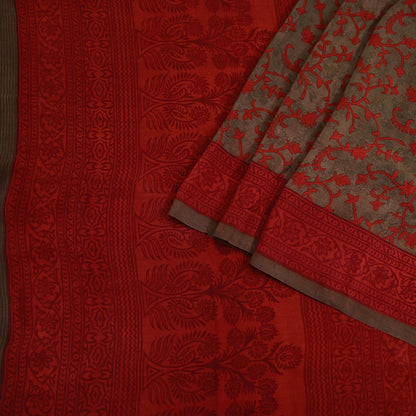 Indian Vintage Sari Brown & Orange Pure Crepe Silk Printed Saree 5yard Sewing Rose Flower Soft Craft Fabric Wrap