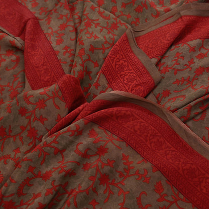 Indian Vintage Sari Brown & Orange Pure Crepe Silk Printed Saree 5yard Sewing Rose Flower Soft Craft Fabric Wrap