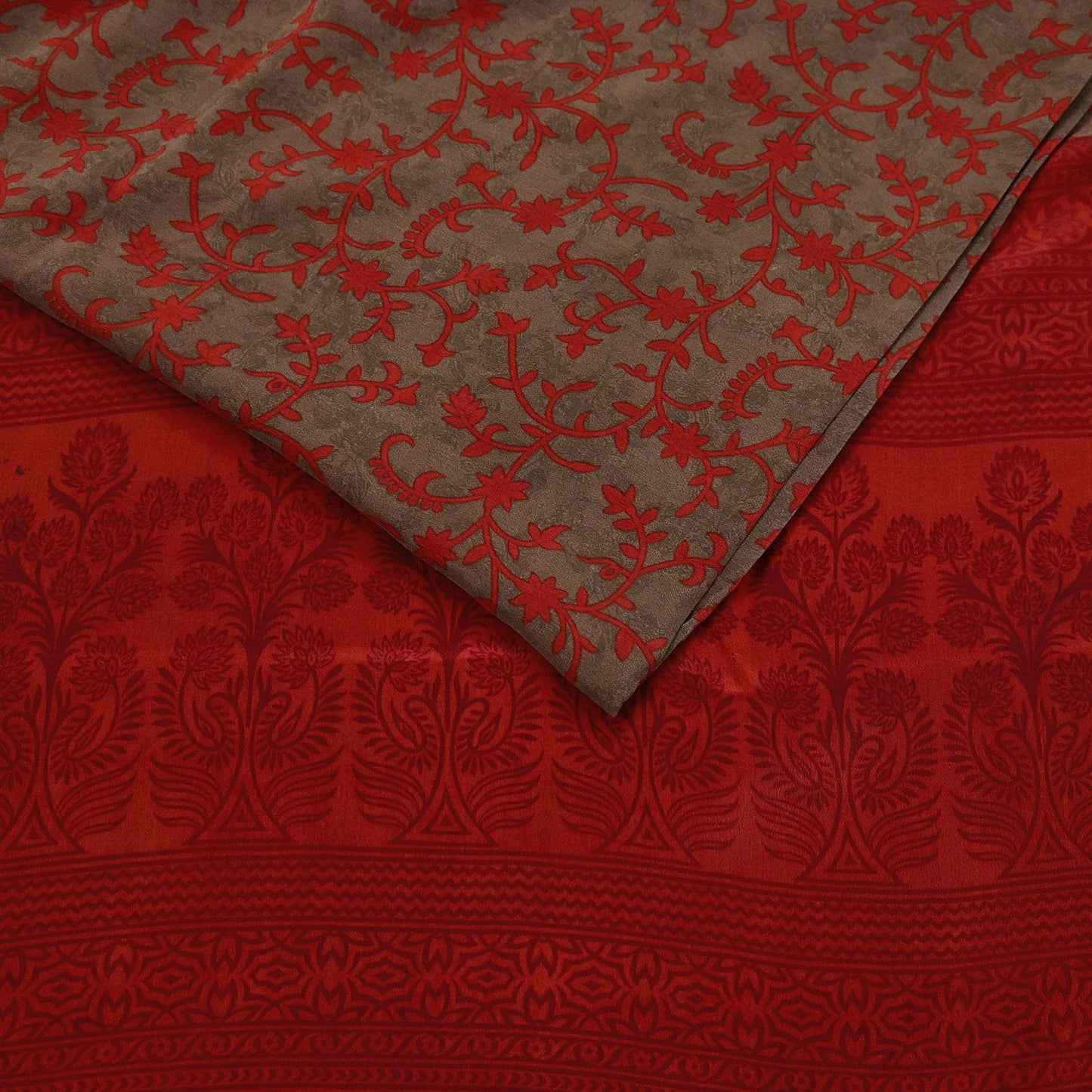 Indian Vintage Sari Brown & Orange Pure Crepe Silk Printed Saree 5yard Sewing Rose Flower Soft Craft Fabric Wrap