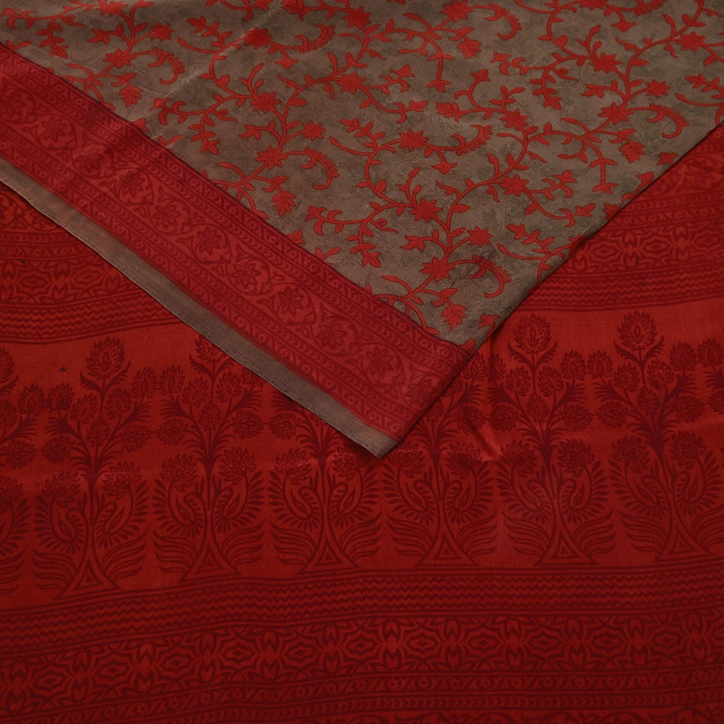 Indian Vintage Sari Brown & Orange Pure Crepe Silk Printed Saree 5yard Sewing Rose Flower Soft Craft Fabric Wrap