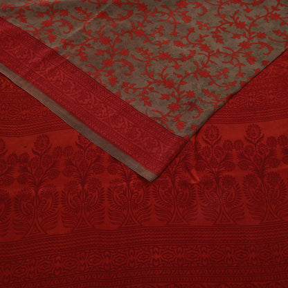 Indian Vintage Sari Brown & Orange Pure Crepe Silk Printed Saree 5yard Sewing Rose Flower Soft Craft Fabric Wrap