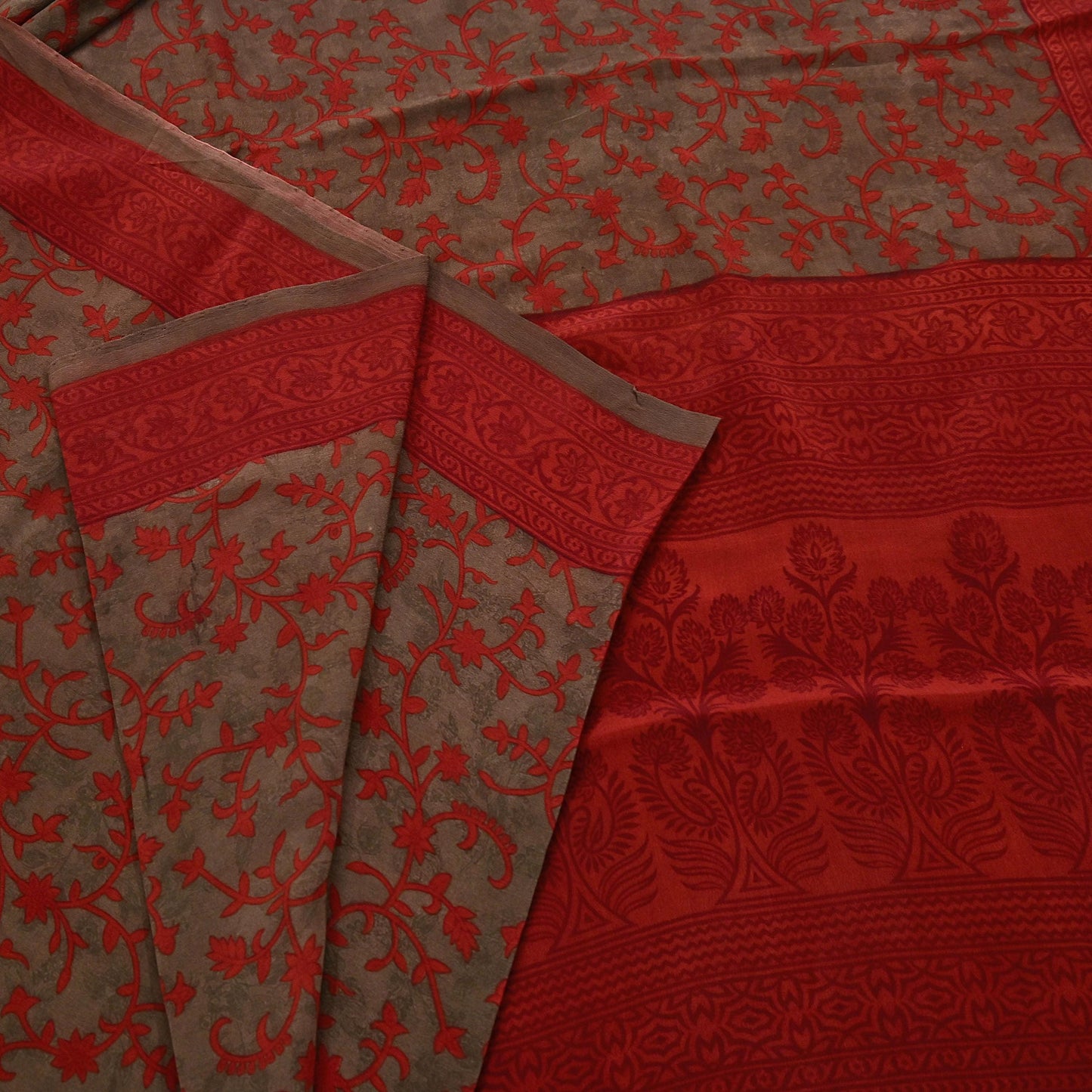 Indian Vintage Sari Brown & Orange Pure Crepe Silk Printed Saree 5yard Sewing Rose Flower Soft Craft Fabric Wrap