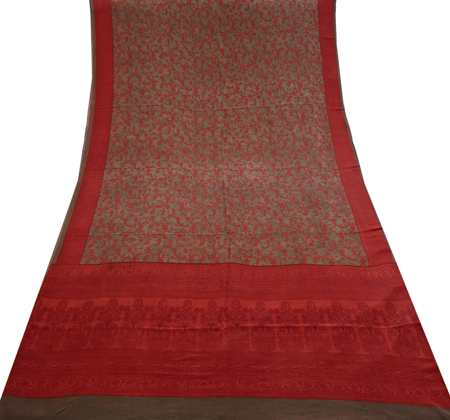 Indian Vintage Sari Brown & Orange Pure Crepe Silk Printed Saree 5yard Sewing Rose Flower Soft Craft Fabric Wrap