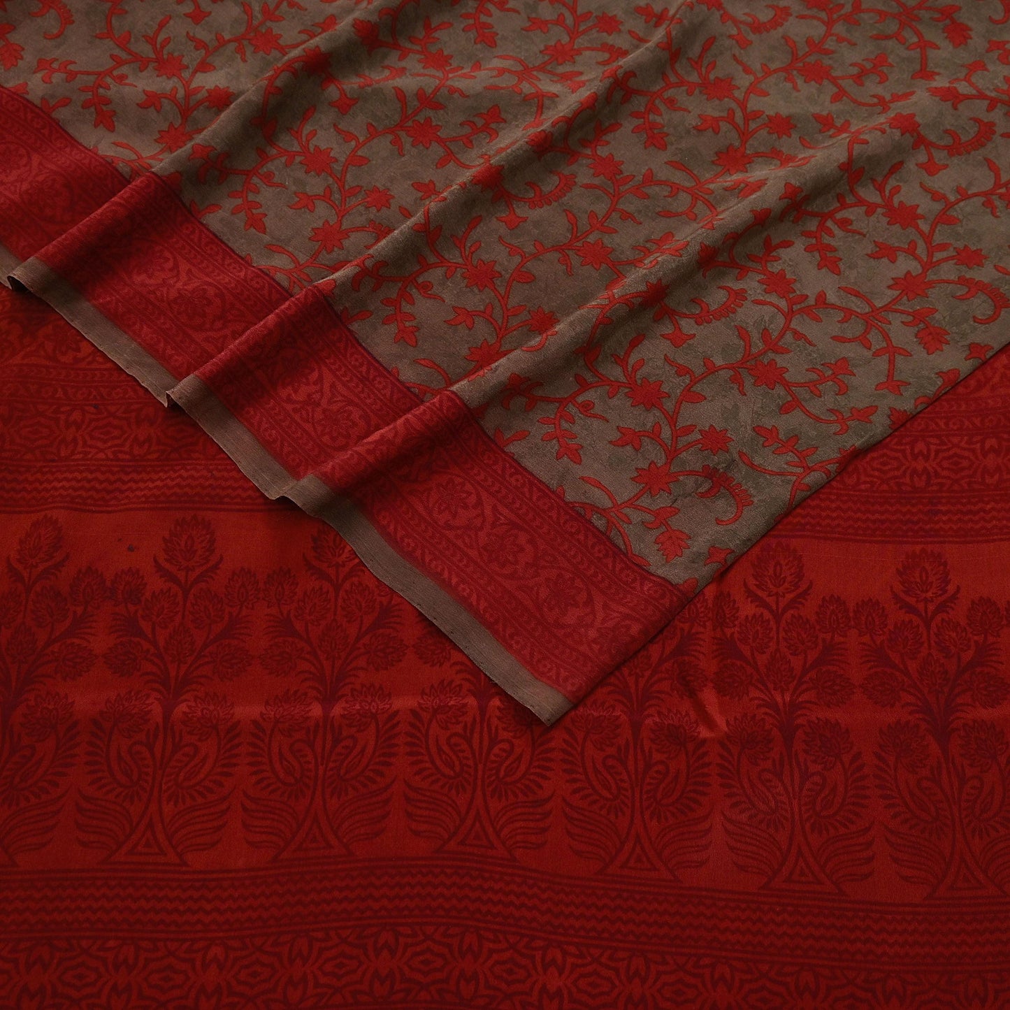 Indian Vintage Sari Brown & Orange Pure Crepe Silk Printed Saree 5yard Sewing Rose Flower Soft Craft Fabric Wrap