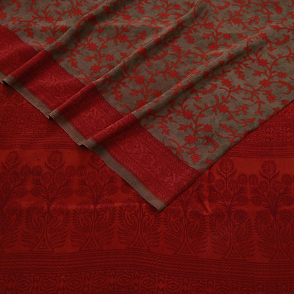 Indian Vintage Sari Brown & Orange Pure Crepe Silk Printed Saree 5yard Sewing Rose Flower Soft Craft Fabric Wrap