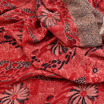 Indian Vintage Sari Black, peach & Red Pure Crepe Silk Printed Saree 5yard Sewing Soft Craft Fabric Wrap