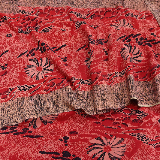 Indian Vintage Sari Black, peach & Red Pure Crepe Silk Printed Saree 5yard Sewing Soft Craft Fabric Wrap