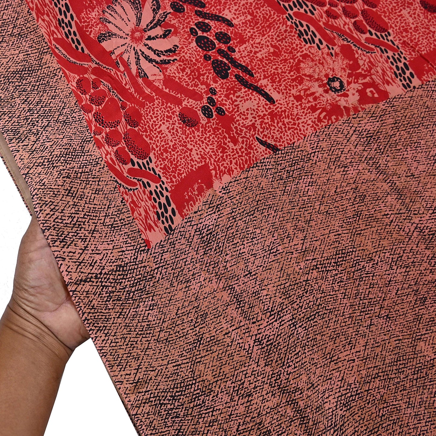 Indian Vintage Sari Black, peach & Red Pure Crepe Silk Printed Saree 5yard Sewing Soft Craft Fabric Wrap