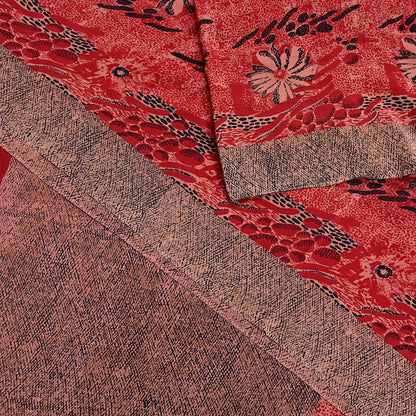 Indian Vintage Sari Black, peach & Red Pure Crepe Silk Printed Saree 5yard Sewing Soft Craft Fabric Wrap