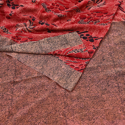 Indian Vintage Sari Black, peach & Red Pure Crepe Silk Printed Saree 5yard Sewing Soft Craft Fabric Wrap