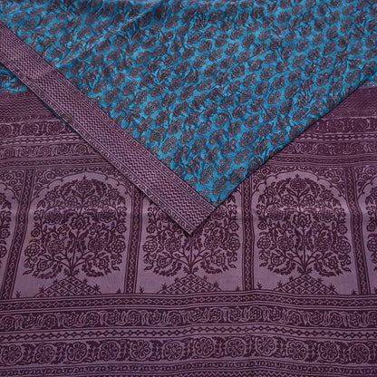 Indian Vintage Sari Blue Pure Crepe Silk Printed Saree 5yard Sewing Quilting Floral Soft Craft Fabric Wrap