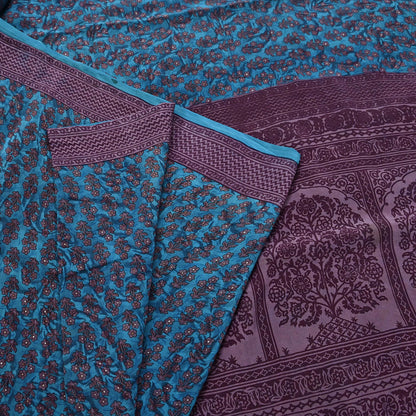 Indian Vintage Sari Blue Pure Crepe Silk Printed Saree 5yard Sewing Quilting Floral Soft Craft Fabric Wrap