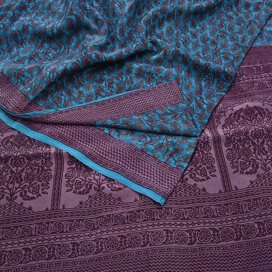 Indian Vintage Sari Blue Pure Crepe Silk Printed Saree 5yard Sewing Quilting Floral Soft Craft Fabric Wrap