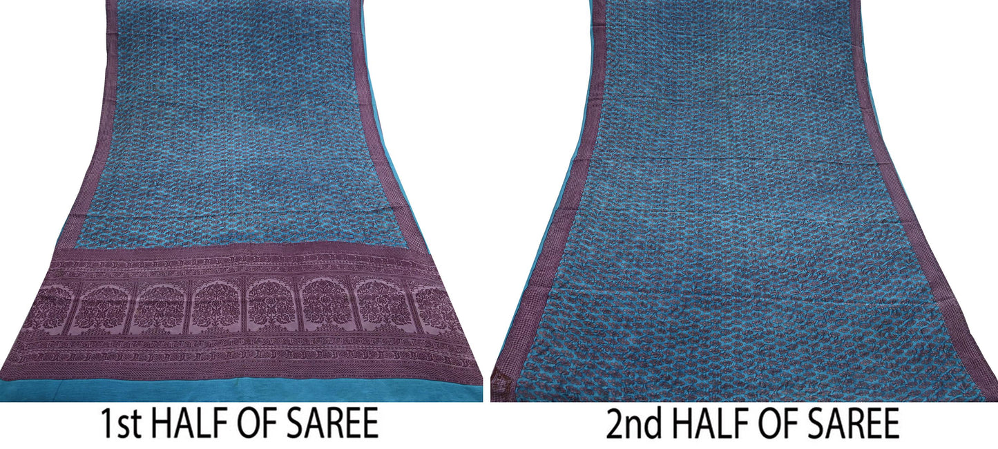 Indian Vintage Sari Blue Pure Crepe Silk Printed Saree 5yard Sewing Quilting Floral Soft Craft Fabric Wrap