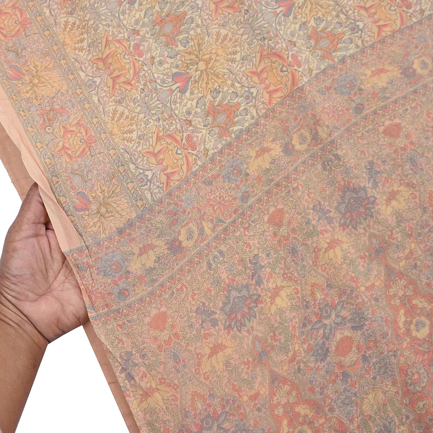 Indian Vintage Beige & Peach Saree Pure Georgette Silk Printed Sari Craft Fabric Sewing 5Yard Soft Light Dress Making Floral
