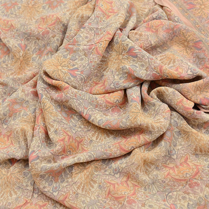 Indian Vintage Beige & Peach Saree Pure Georgette Silk Printed Sari Craft Fabric Sewing 5Yard Soft Light Dress Making Floral