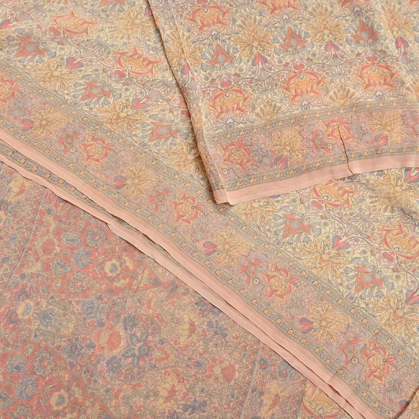 Indian Vintage Beige & Peach Saree Pure Georgette Silk Printed Sari Craft Fabric Sewing 5Yard Soft Light Dress Making Floral