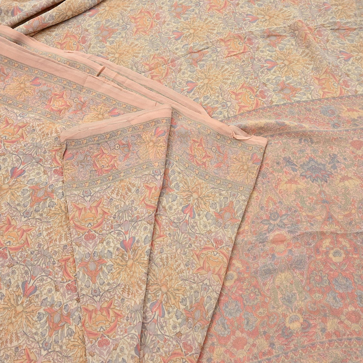 Indian Vintage Beige & Peach Saree Pure Georgette Silk Printed Sari Craft Fabric Sewing 5Yard Soft Light Dress Making Floral