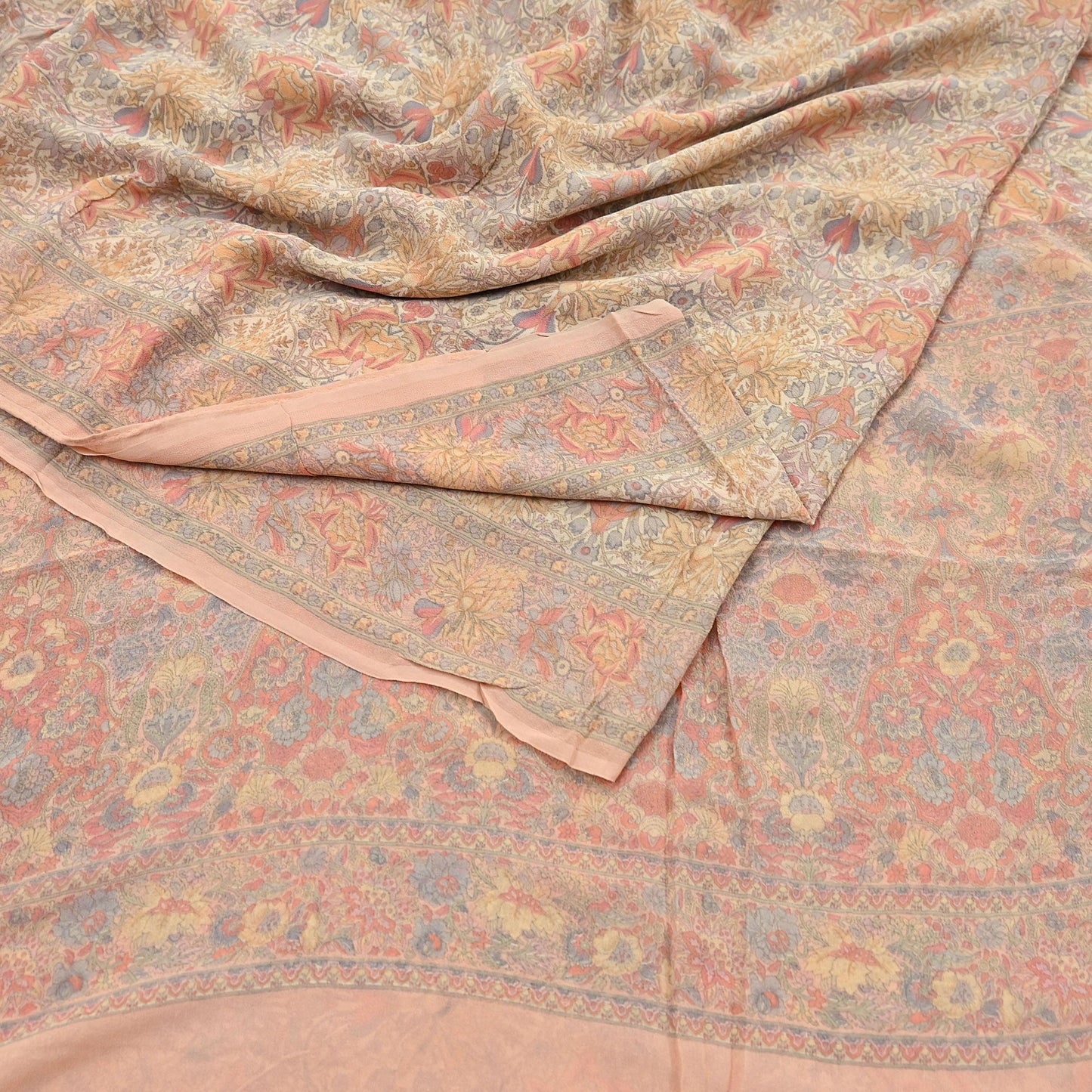 Indian Vintage Beige & Peach Saree Pure Georgette Silk Printed Sari Craft Fabric Sewing 5Yard Soft Light Dress Making Floral