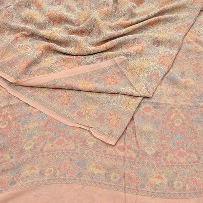 Indian Vintage Beige & Peach Saree Pure Georgette Silk Printed Sari Craft Fabric Sewing 5Yard Soft Light Dress Making Floral