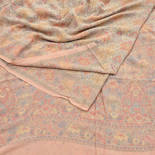 Indian Vintage Beige & Peach Saree Pure Georgette Silk Printed Sari Craft Fabric Sewing 5Yard Soft Light Dress Making Floral