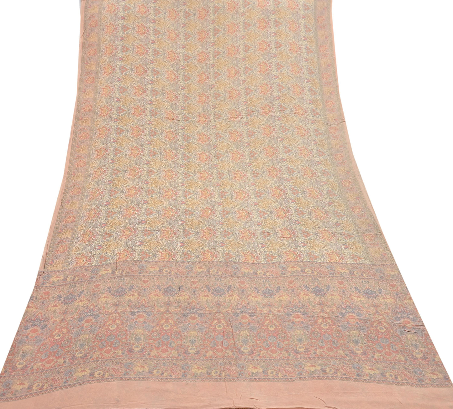 Indian Vintage Beige & Peach Saree Pure Georgette Silk Printed Sari Craft Fabric Sewing 5Yard Soft Light Dress Making Floral