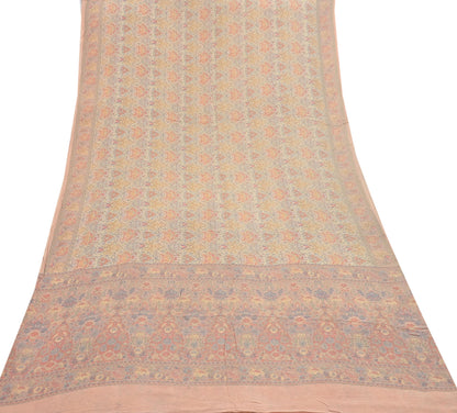 Indian Vintage Beige & Peach Saree Pure Georgette Silk Printed Sari Craft Fabric Sewing 5Yard Soft Light Dress Making Floral