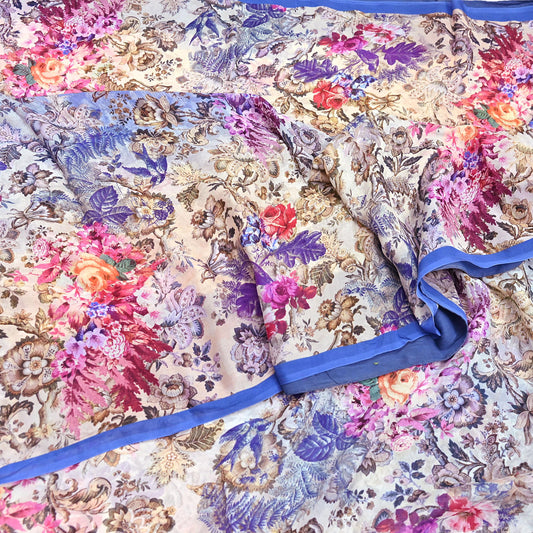 Women Vintage Sari Blue & ivory Pure Georgette Silk Digital Printed Saree Craft Fabric Sewing 5Yd Light Dress Making Geometric Crafting