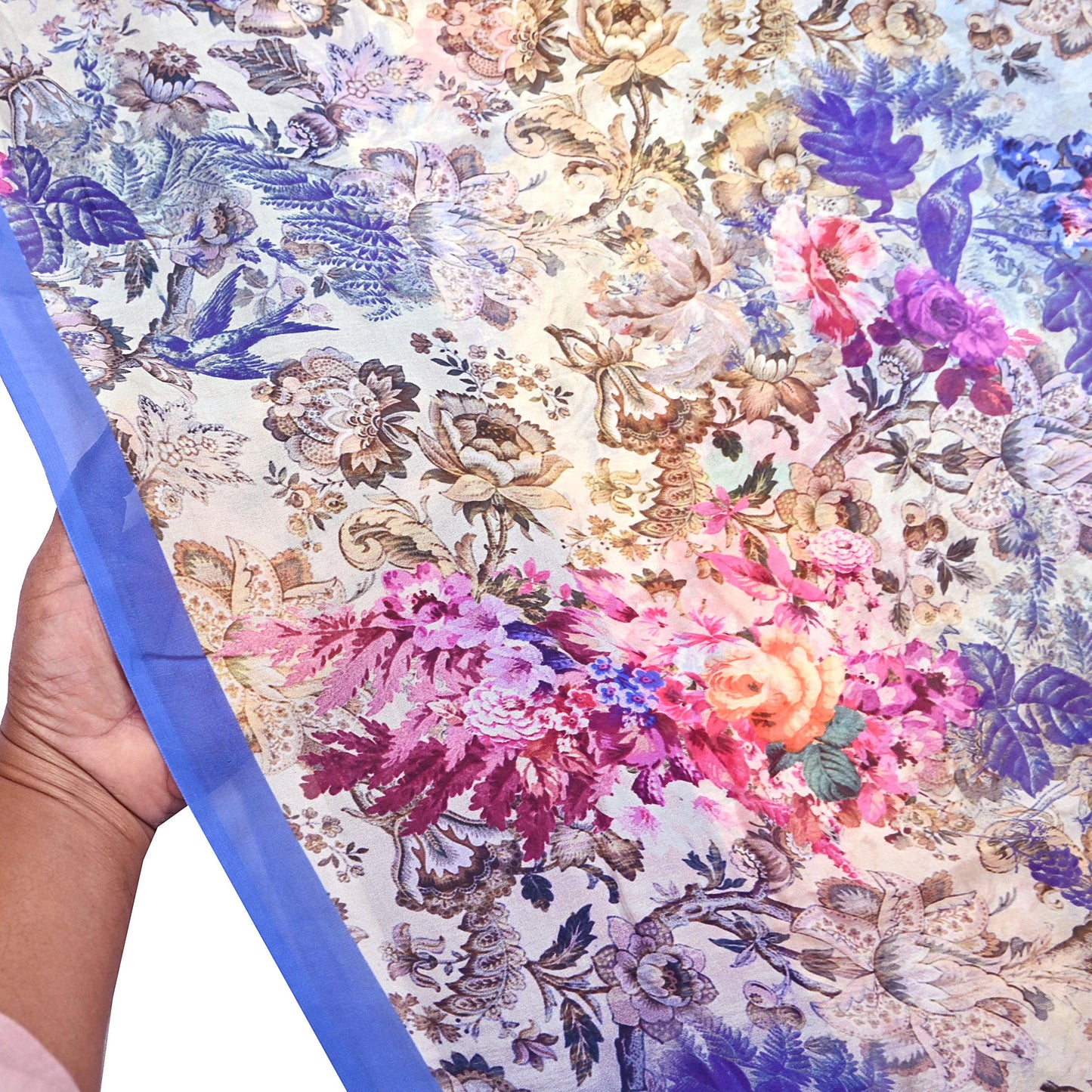 Women Vintage Sari Blue & ivory Pure Georgette Silk Digital Printed Saree Craft Fabric Sewing 5Yd Light Dress Making Geometric Crafting